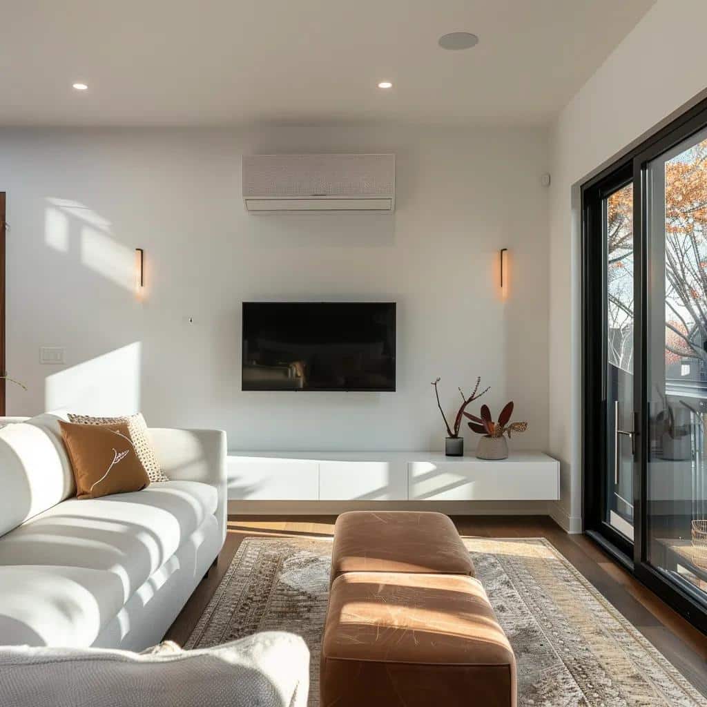 a modern, stylish living room features a sleek, energy-efficient air conditioning unit prominently mounted on the wall, showcasing a sophisticated blend of comfort and sustainability in a contemporary columbus home.