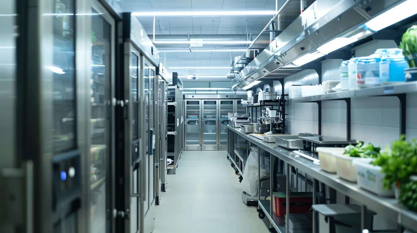 a sleek, modern commercial kitchen filled with energy-efficient refrigeration units bustling with activity, highlighted by sharp overhead lighting that emphasizes the advanced technology and efficient design.